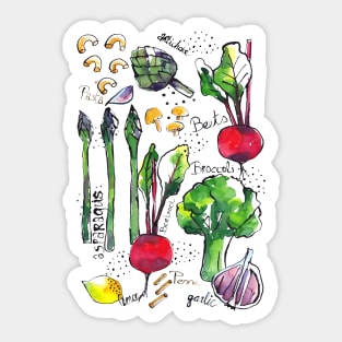 Eat your veggies! Food illustration sketches handdrawn and painted. Asparagus, lemon, beetroot, broccoli, artichoke, mushrooms, garlic Sticker